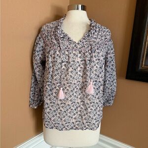 J. Jill Med Petite Pink Blue Floral Cotton Peasant Blouse Tassel Tie Neck Boho